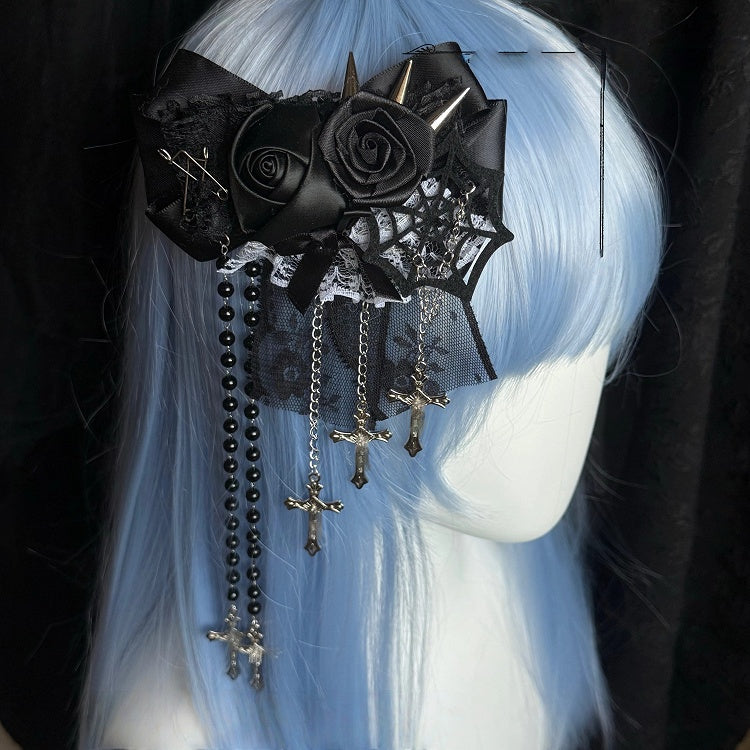 Hairclip Chain Spider Punk Gothic Cross Web Lolita Rose Black - Style