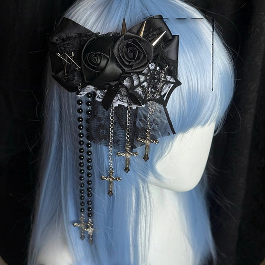 Hairclip Chain Spider Punk Gothic Cross Web Lolita Rose Black - Style