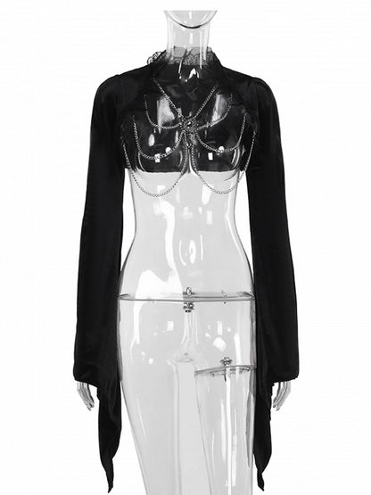 Gothic Trim Sleeve Detail Bell Black Shrug Chain Gem Halloween Lace with