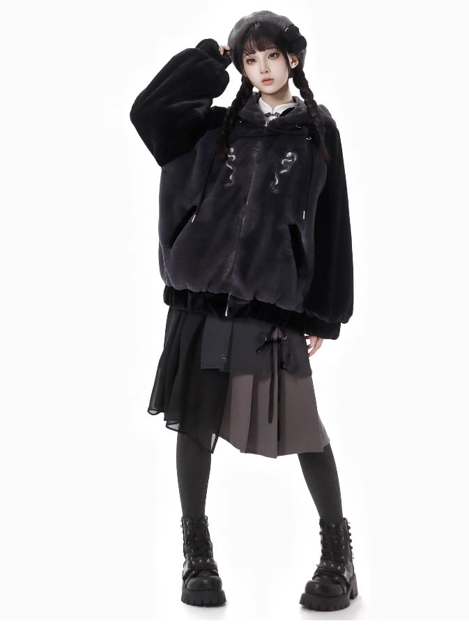 Black and Gray Colorblock Plush Jacket with Snake Detail