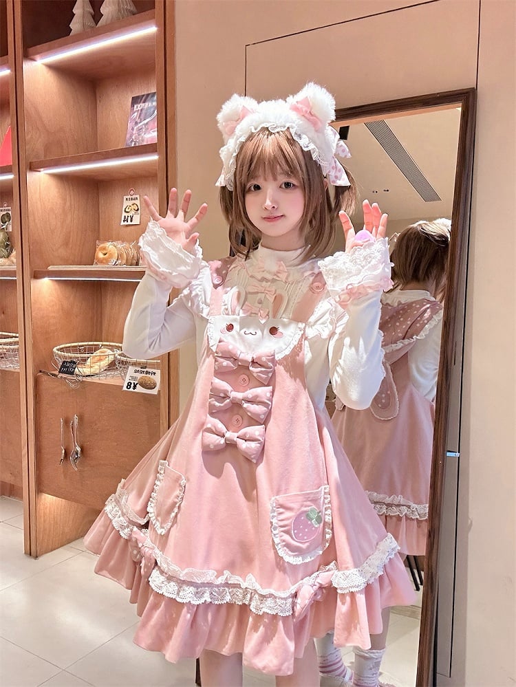 on Polka-dot Bowknot Lolita Jumper Skirt Details Bunny Ears Design Sweet Waist Hood Pink