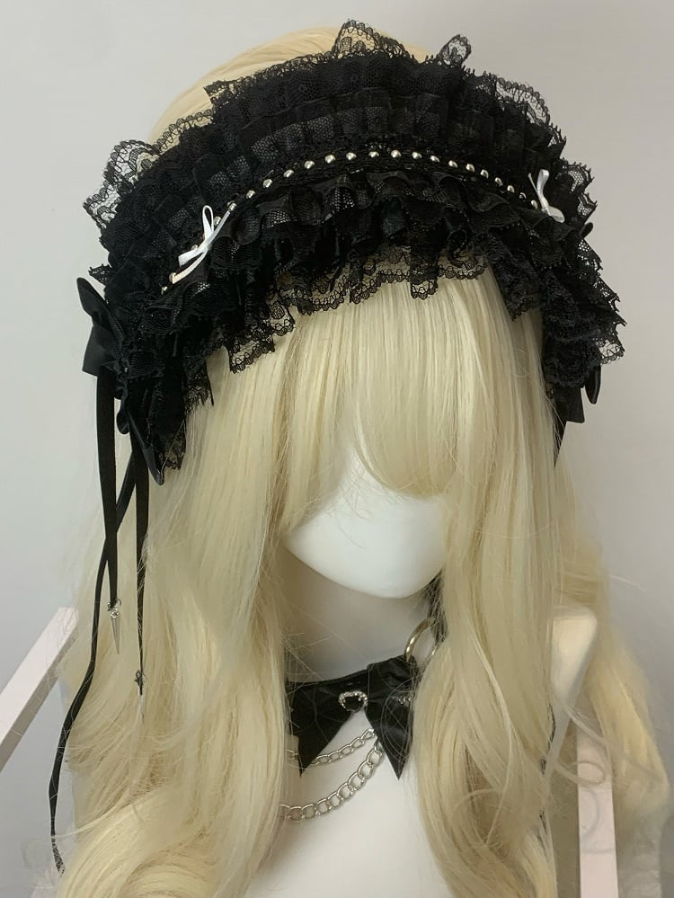 Details Decorated Hairband Ruffled Black/White Bowknot Studs