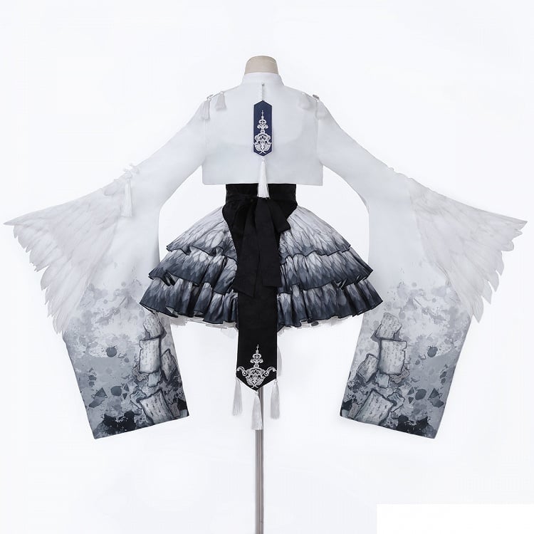 Lolita-Kleid mit Elster-Applikation, gestuftem Rock, Manschetten, weiten Ärmeln, kurzes Oberteil