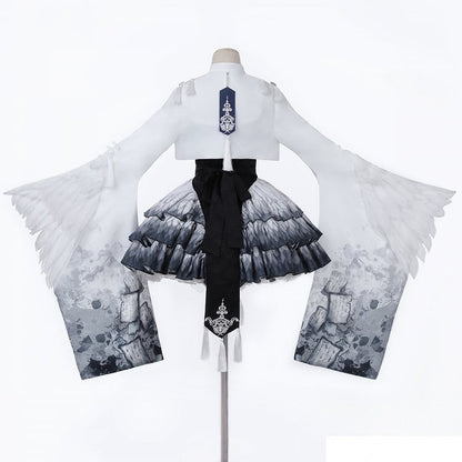 Lolita-Kleid mit Elster-Applikation, gestuftem Rock, Manschetten, weiten Ärmeln, kurzes Oberteil