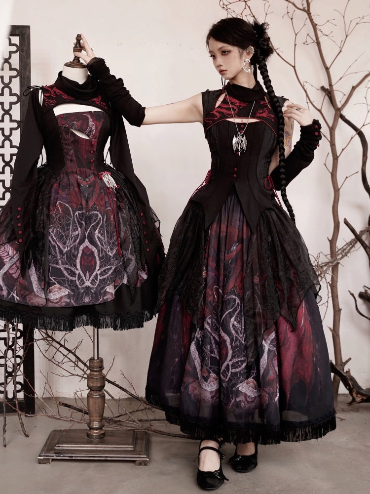 Black Gothic Dragon Embroidery Sleeveless Top Cutout Detail