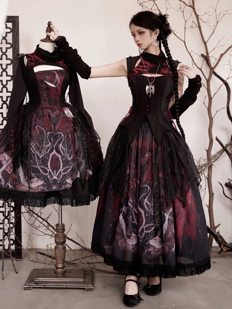 不規則な刺繍オーバーレイ付きブラックドラゴンスカート