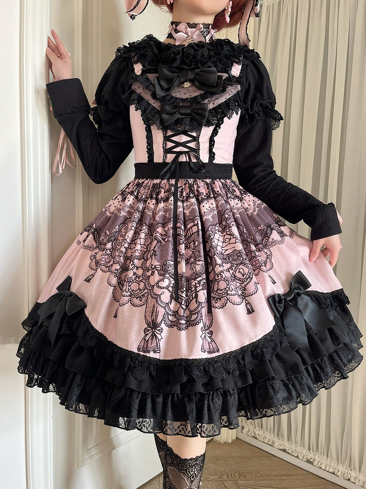 Black and Pink Kitty Bunny Print Tiered Sweet Dress - Mademoiselle Pearl
