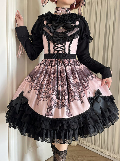 Black and Pink Cat Print Sweet Lolita Skirt Dress - Mademoiselle Pearl