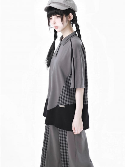 グレーのチェック柄パッチワークデザインポロカラーのゆったりカジュアルTシャツ