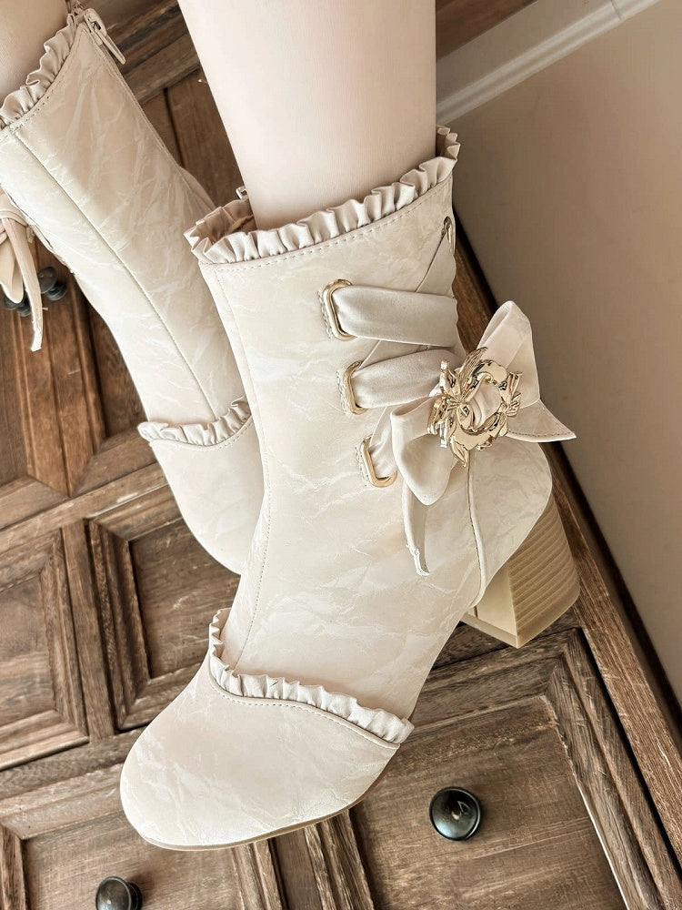 Apricot Lace-Up Round Toe Bow-Adorned Sweet Lolita Ankle Boots - Magic Peach