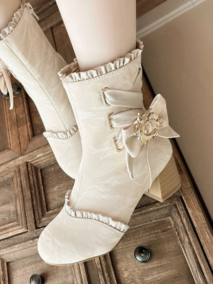 Apricot Lace-Up Round Toe Bow-Adorned Sweet Lolita Ankle Boots - Magic Peach