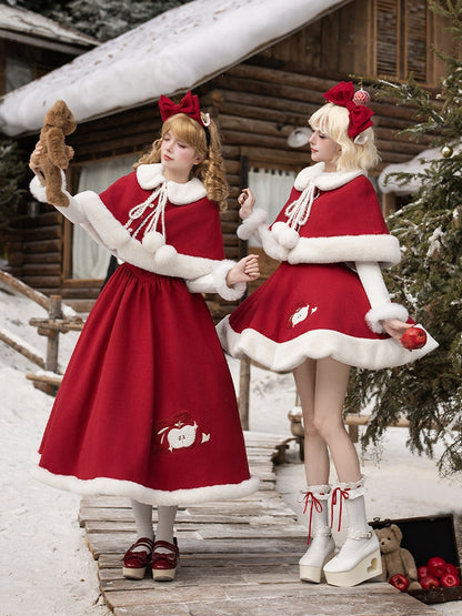 Red Fur Apple with Collar Lolita Cape Buttons Faux Christmas White