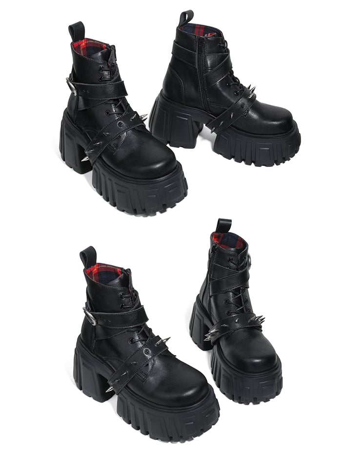 Stiefel Rock Ankle Plateau Schwarz Blockabsatz Punk -