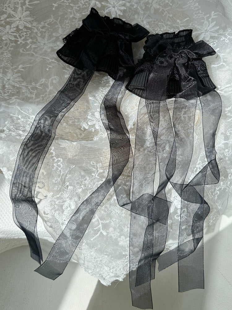 Ribbon Wrist Cuffs Pink Bows White/Black/Pink Lace Black