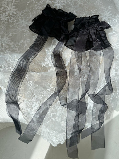 Ribbon Wrist Cuffs Pink Bows White/Black/Pink Lace Black