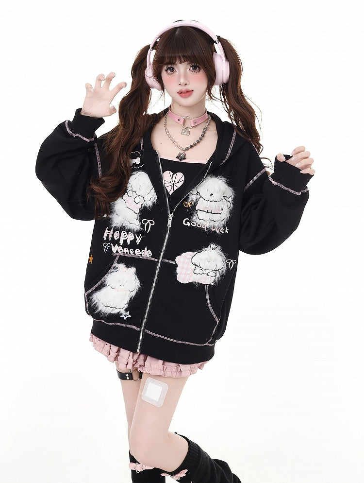 Puppy Embroidery Applique Black/Light Blue Plush Zip Closure Hoodie