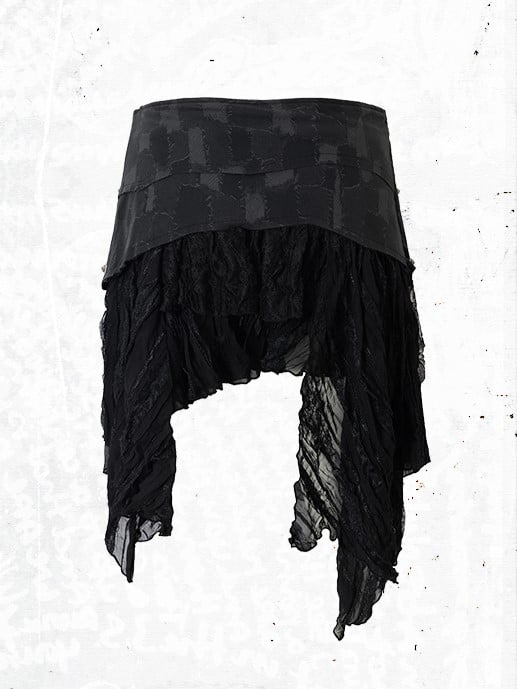 mit Saum PU Asymmetrischer Flair Rock Schwarz Nieten Punk Edgy Spitze Patchwork