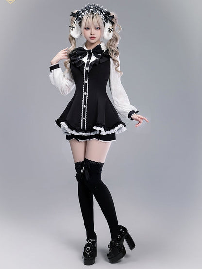 Black Kei with Coord Brooch and Set: White Trim Detachable Scalloped Shorts Edge Top Bow Jirai