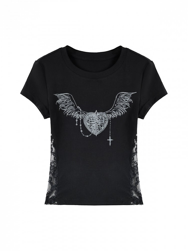 Black Wing Heart Print Tee with Lace Accents - Kyouko Baby