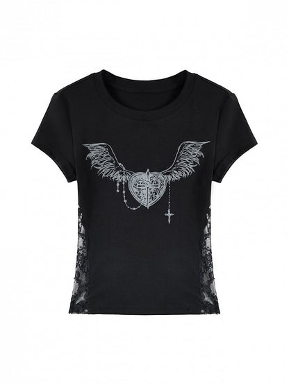 Black Wing Heart Print Tee with Lace Accents - Kyouko Baby