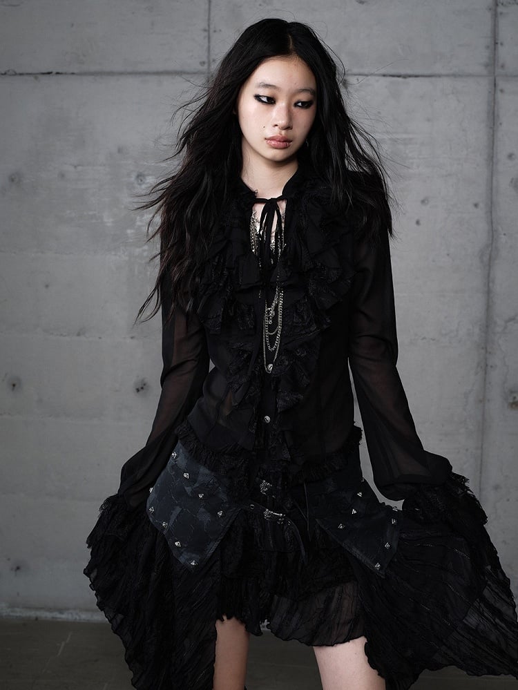 with Lace Tie-Neck Delicate Blouse Vintage Black Accents Princess