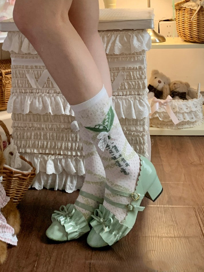 Of Pattern Lily And White/Green Bowknot Valley Calf The Socks Lace