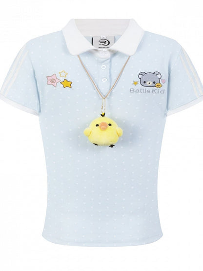 Blue Polka-Dot Tee with Bear Embroidery & Chick Charm - Languid Park