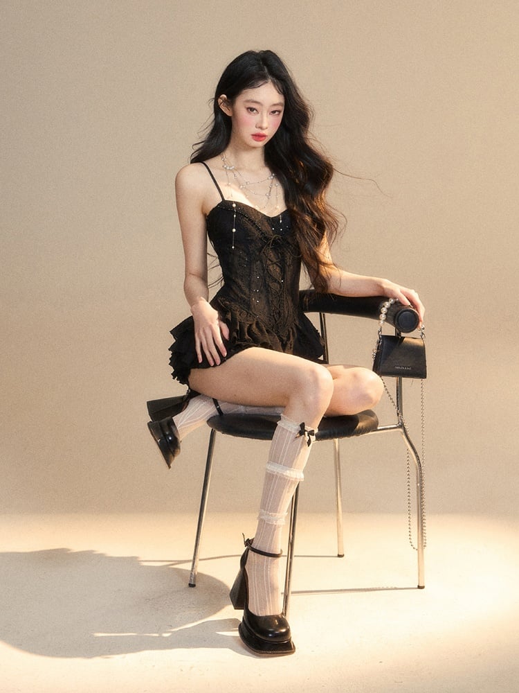 Puffy Tiered Dress with Lace-up Detail at Front Skirt Black Cami Mini