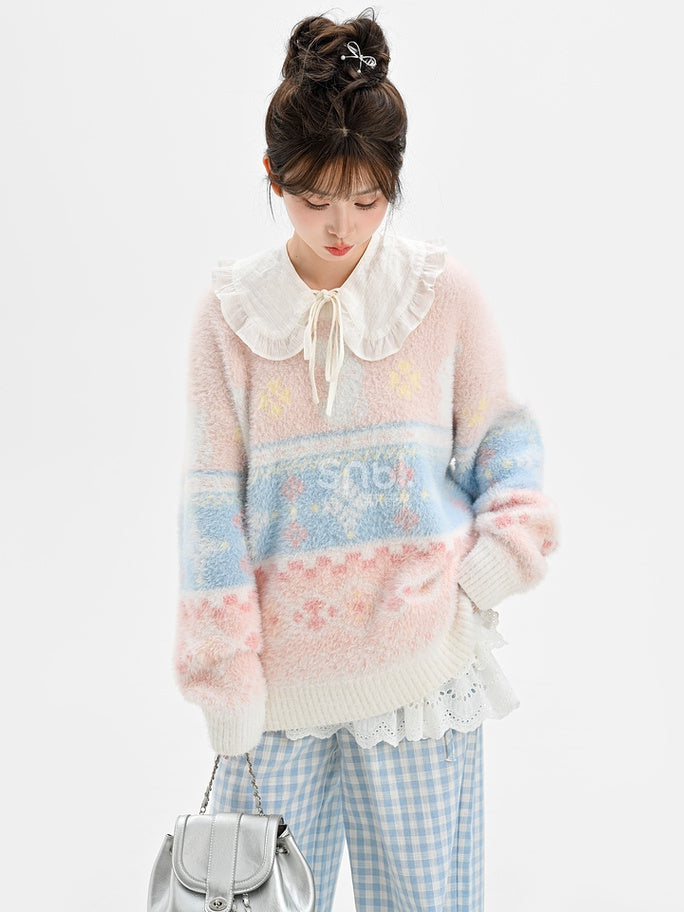 ピンクのかわいいウサギ柄ラウンドネックソフトセーター