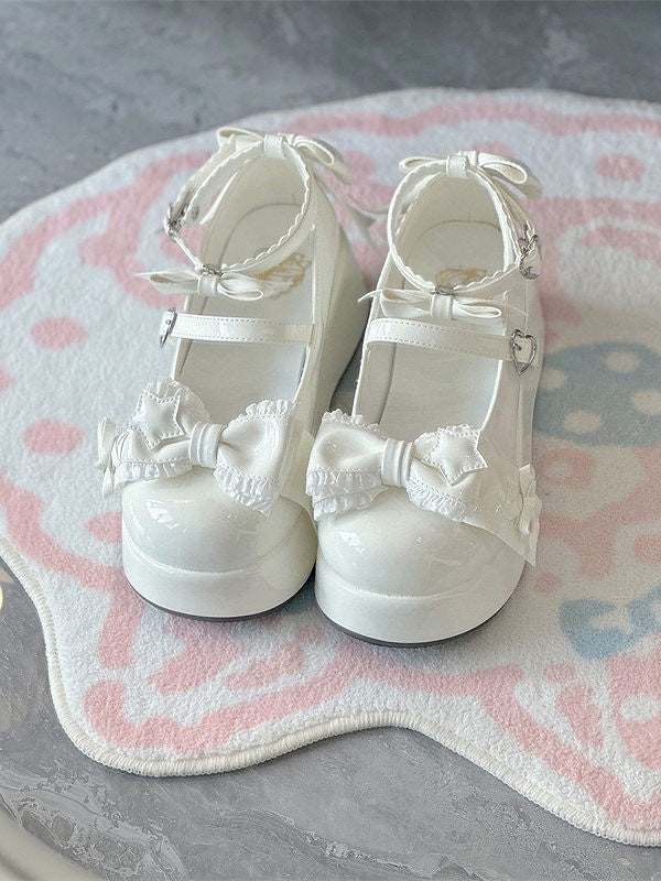 Accents with Shoes White Sweet Style PU Lolita Leather Bow Platform Round-Toe