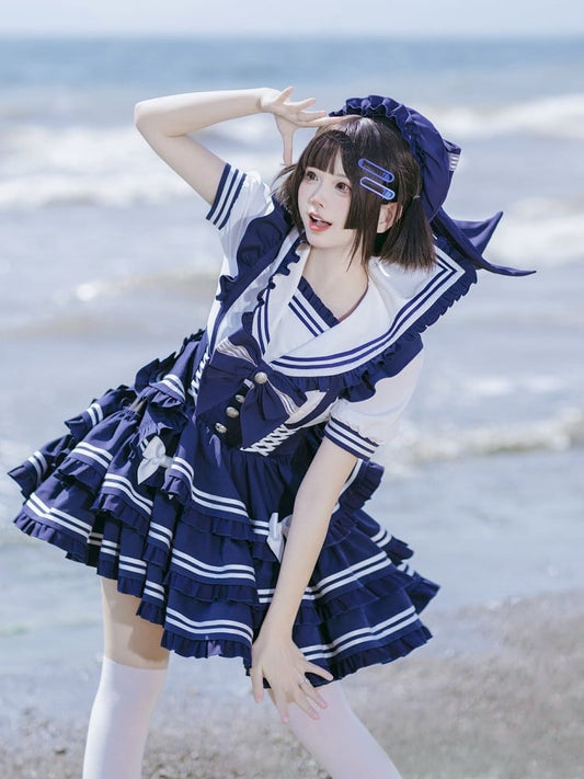 Lolita Dress Accents Tiered Skirt Sweet Flutter Sleeves Bow Overalls Blue Navy