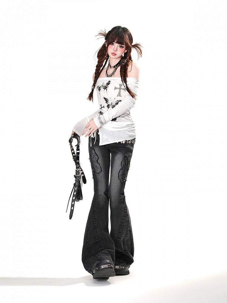 Waist Neckline Butterfly Print Glamorous Top Drawstring White Off-the-shoulder