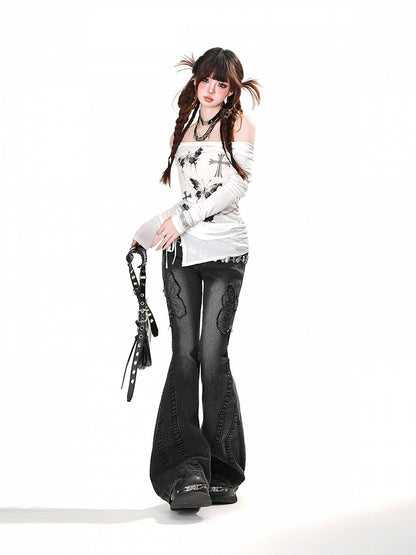 Waist Neckline Butterfly Print Glamorous Top Drawstring White Off-the-shoulder