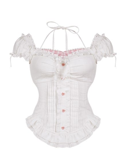 Closure and Top Sleeve Button Heart-Shaped Pink White Puff Neckline Plaid with