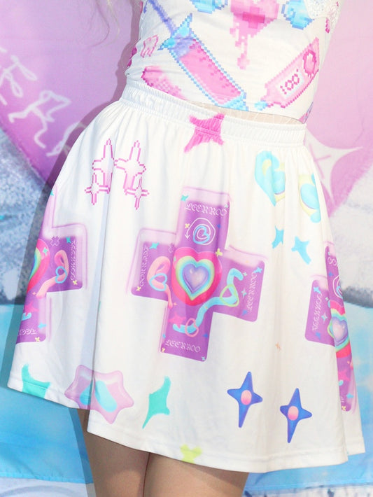 Cross Heart Print And White/Black A-Line Star Skirt