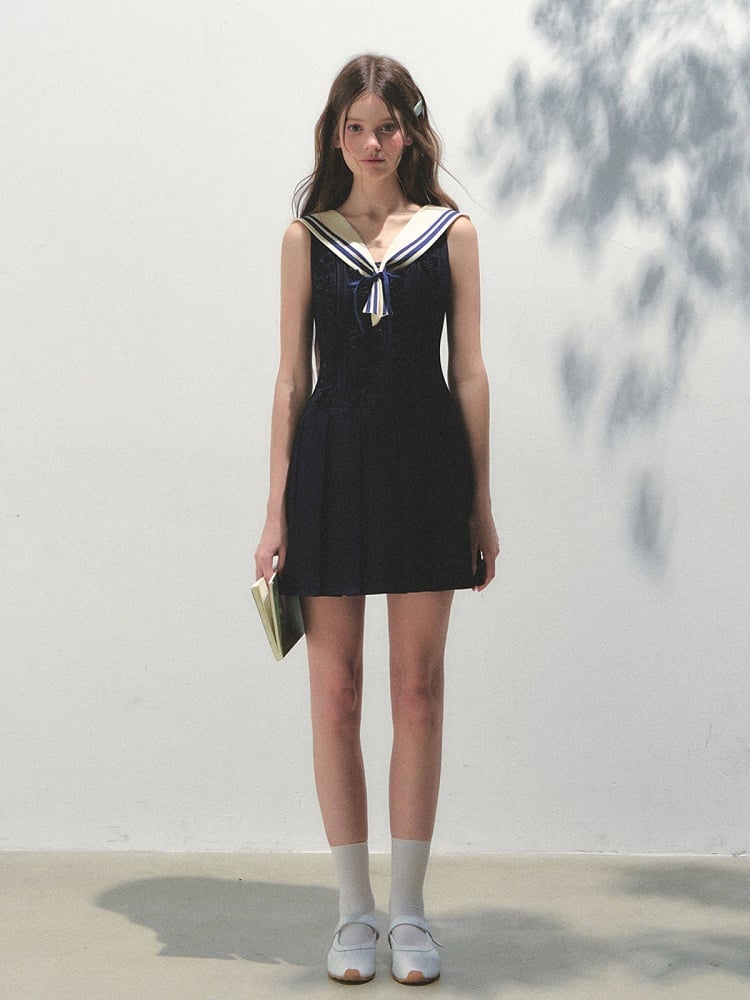 Blue Collar with Pleated Kawaii Detachable Dress Navy Sailor Style