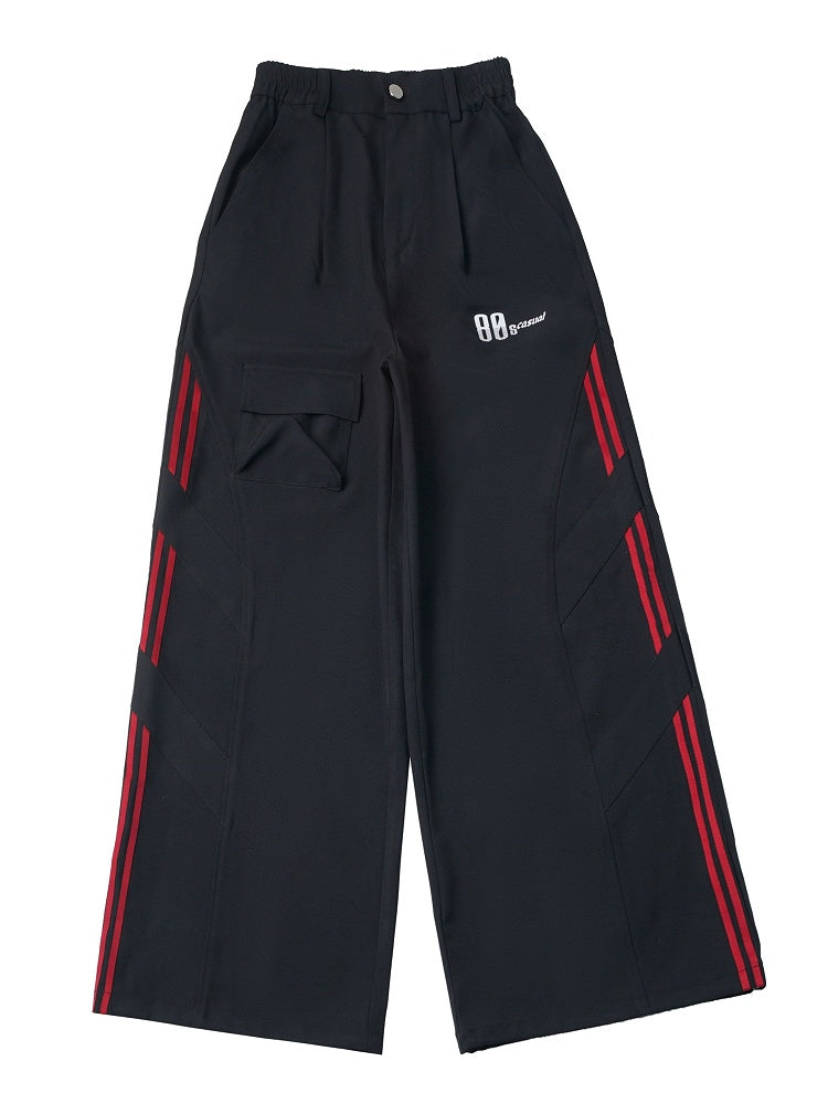 Athletic Black Cargo Straight Pants with Red Stripe - PINK SAVIOR
