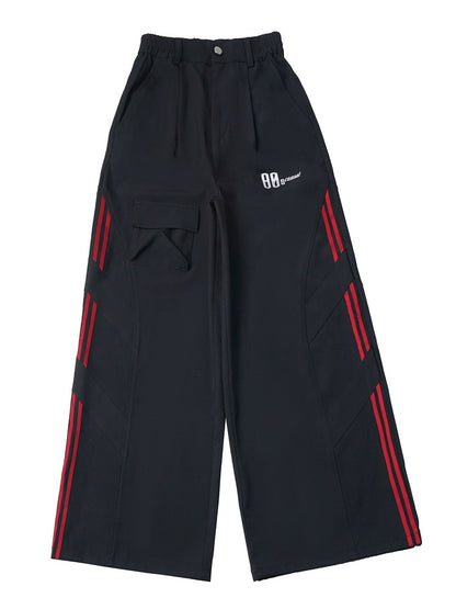 Athletic Black Cargo Straight Pants with Red Stripe - PINK SAVIOR