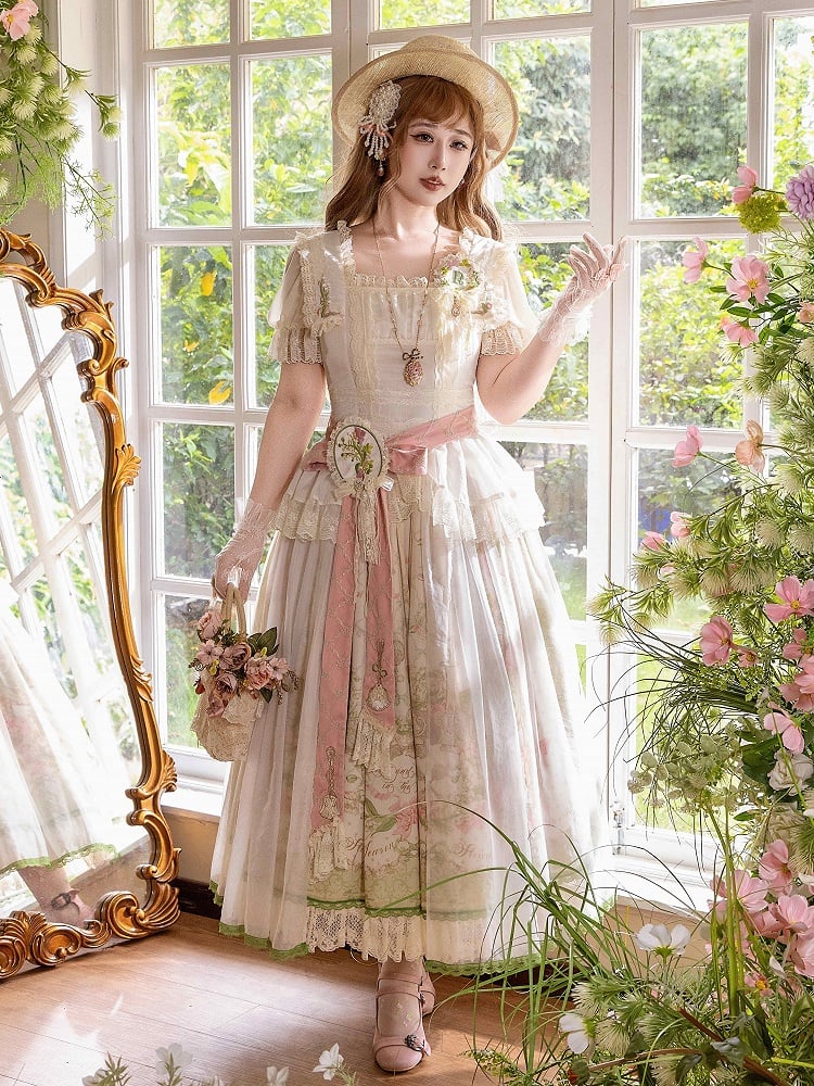 スカートウエスト+花柄サイズ伸縮性プリントクラシックスクエアネックラインプラス利用可能なロリータセットエレガントなブラウス