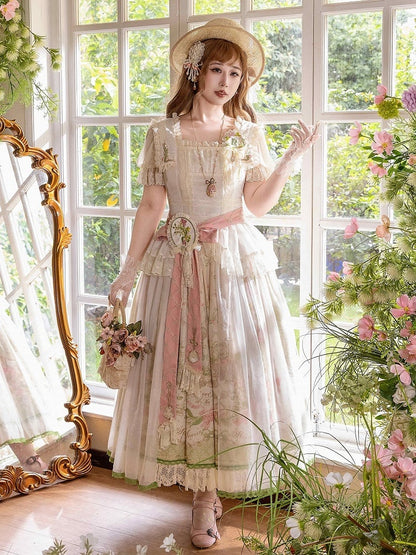 スカートウエスト+花柄サイズ伸縮性プリントクラシックスクエアネックラインプラス利用可能なロリータセットエレガントなブラウス