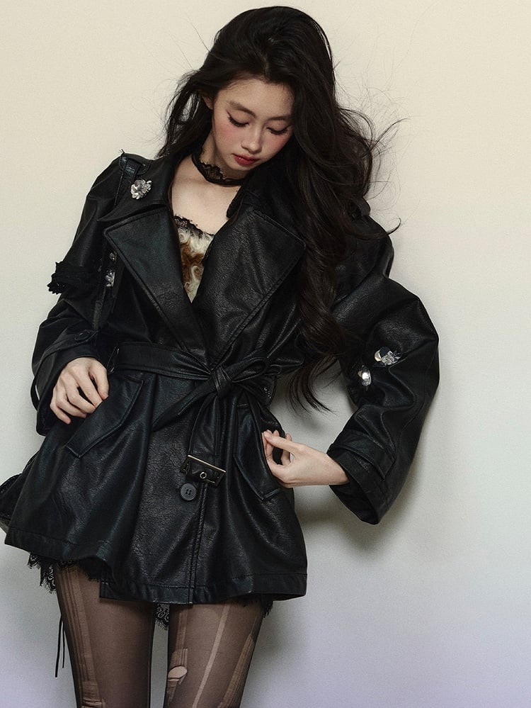 ブラックフローラルノッチカラーPUブレザー