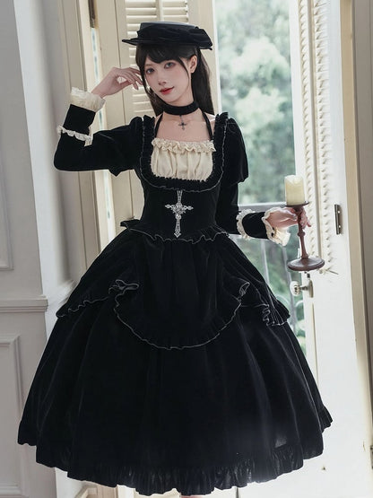 Version Boned Black Juliette Cross Waist Embroidery Sleeves Long Dress Lolita