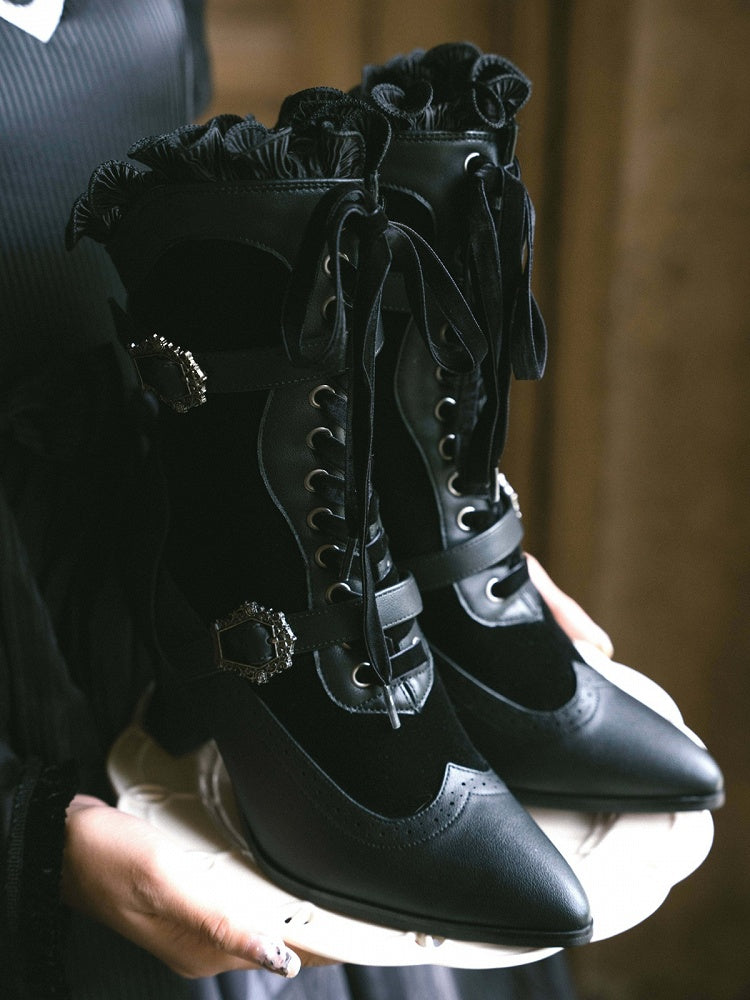 Embossed 7.3CM High Heel Boots with Metal Buckle and Lace Gothic Details - Lacy Bones