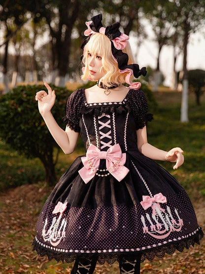 Dot Dress and Lolita with Sweet Print Polka Suede Black Chandelier Pink Bows