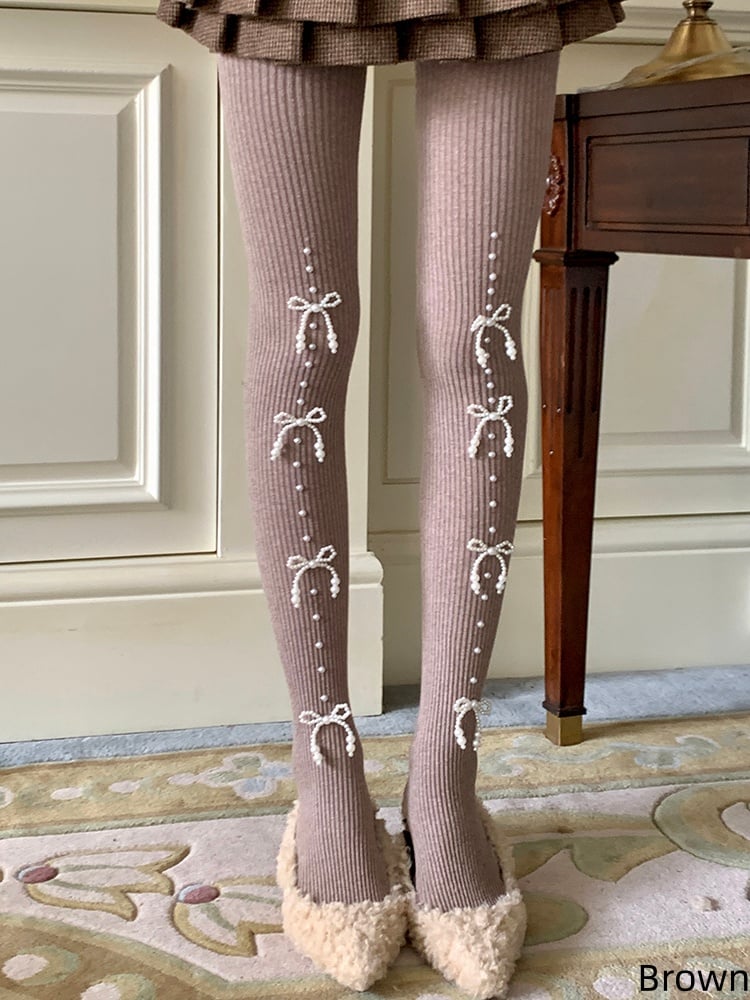Bowknot Slim-Fit Beaded Tights with Warm Decoration 6 Colors