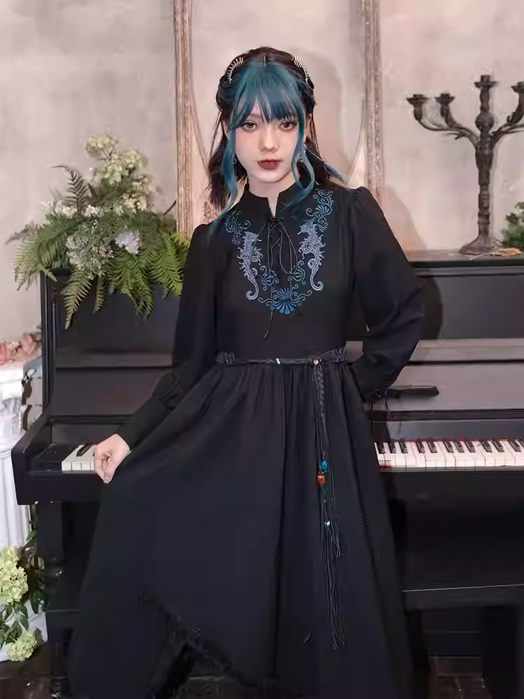 Seahorse with Style Embroidery Black Cheongsam Dress Hem Detail at Lace-up Tassel Front Blue