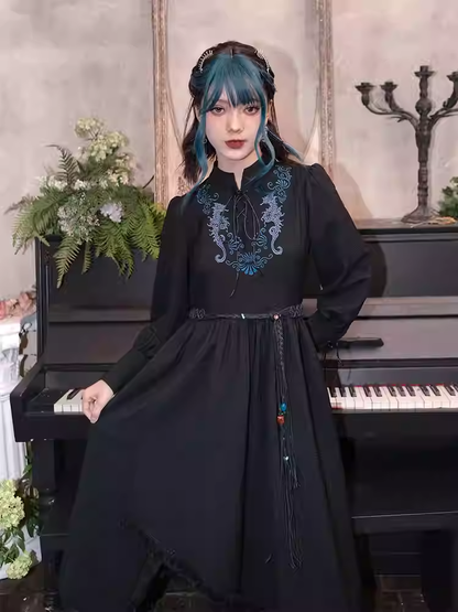 Seahorse with Style Embroidery Black Cheongsam Dress Hem Detail at Lace-up Tassel Front Blue