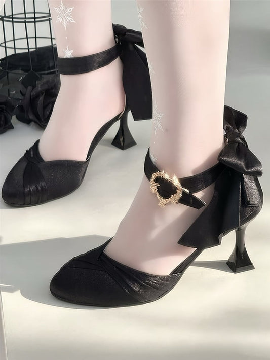 Pointed Style Heart for Bow Toe Satin Accent Elegant - Buckle High Black Lolita Heels