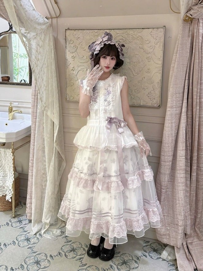 Summer Lolita Top & Skirt Set with Floral Embroidery and Lace - Yimu Walnut