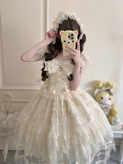 Gentle Apricot Details Lolita Lace Bows Multi-Layer with Dress Hanayome-Style Rhinestone JSK